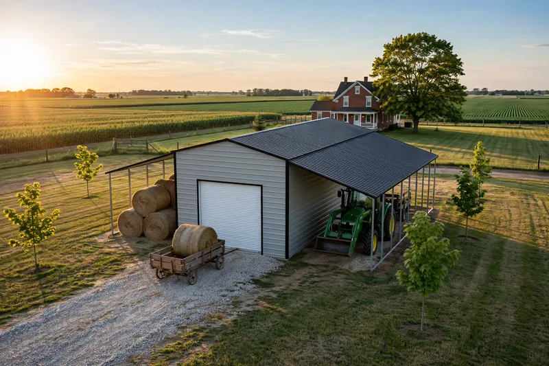 Metal barn with a raised center and side lean-tos