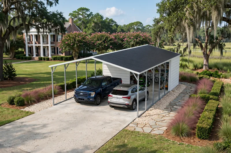 Metal carport with an enclosed storage room