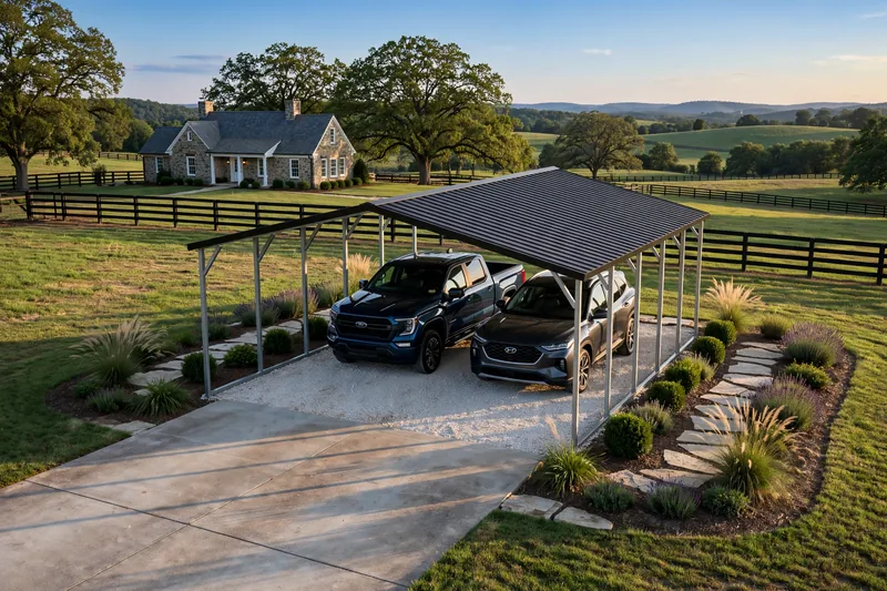 Metal carport over two vehicles