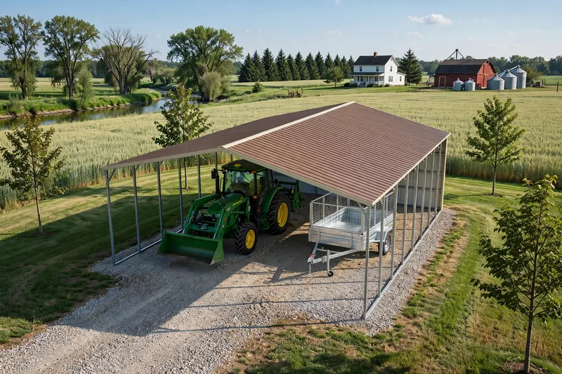 Farm tractor and utility trailer under a brown-roofed open equipment cover