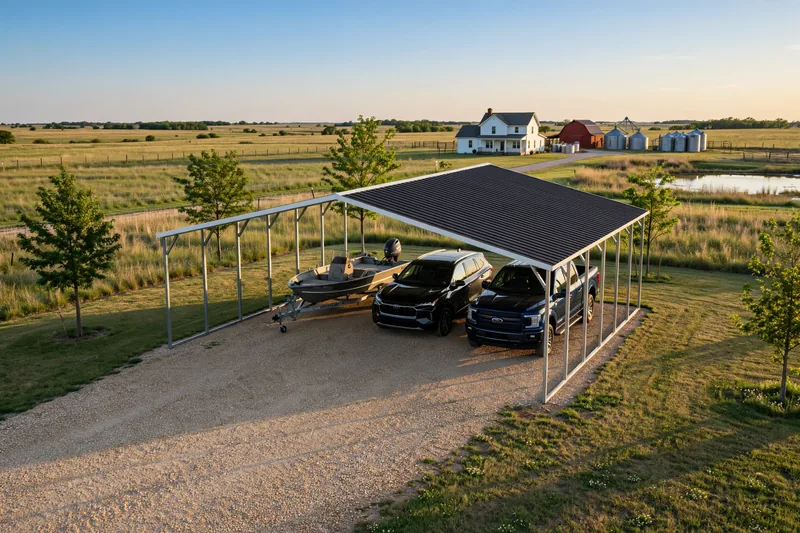 Wide metal carport for three vehicles or equipment