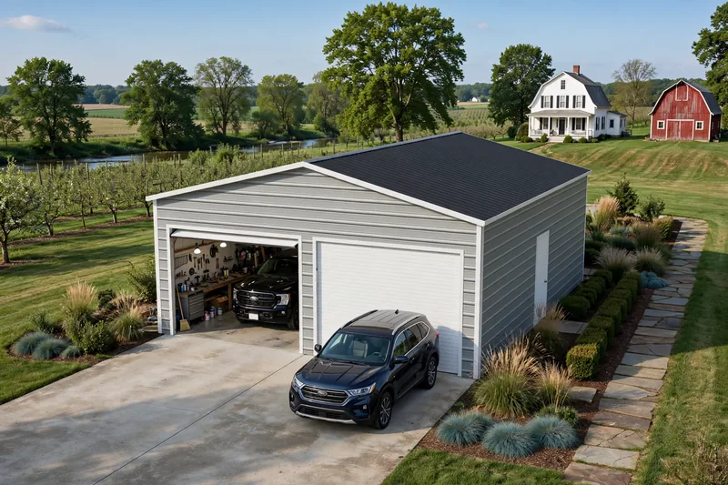 Enclosed metal garage with vehicle doors