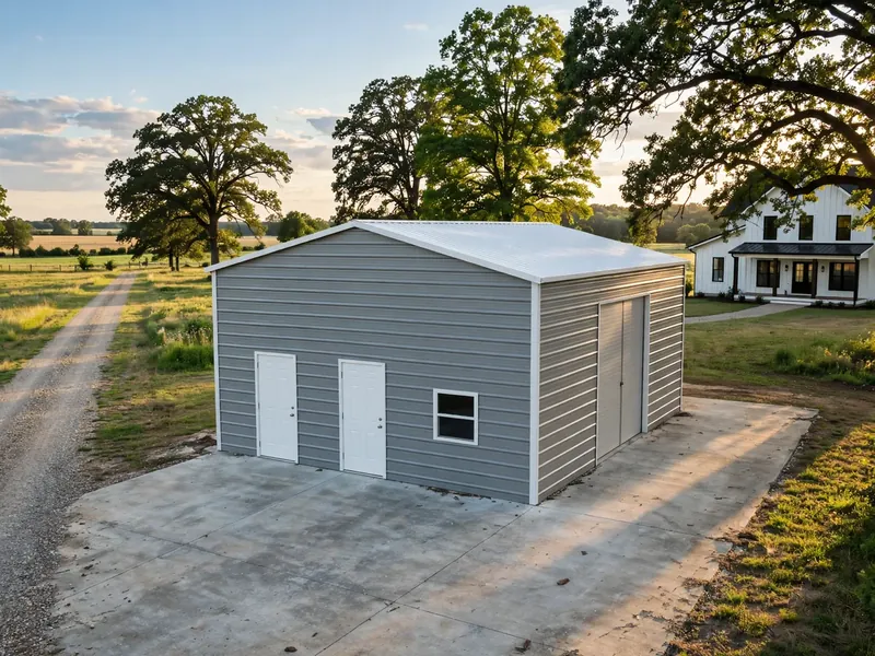 Enclosed metal building with windows and a walk-in door
