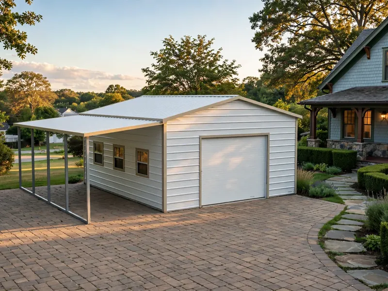 Enclosed garage with side lean-to
