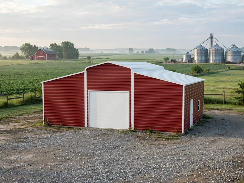 Enclosed metal barn with three vehicle doors