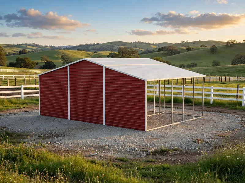 Metal barn with open side lean-tos