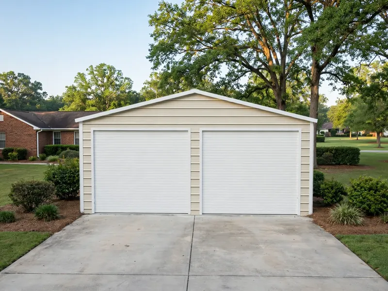 Metal garage with two vehicle openings