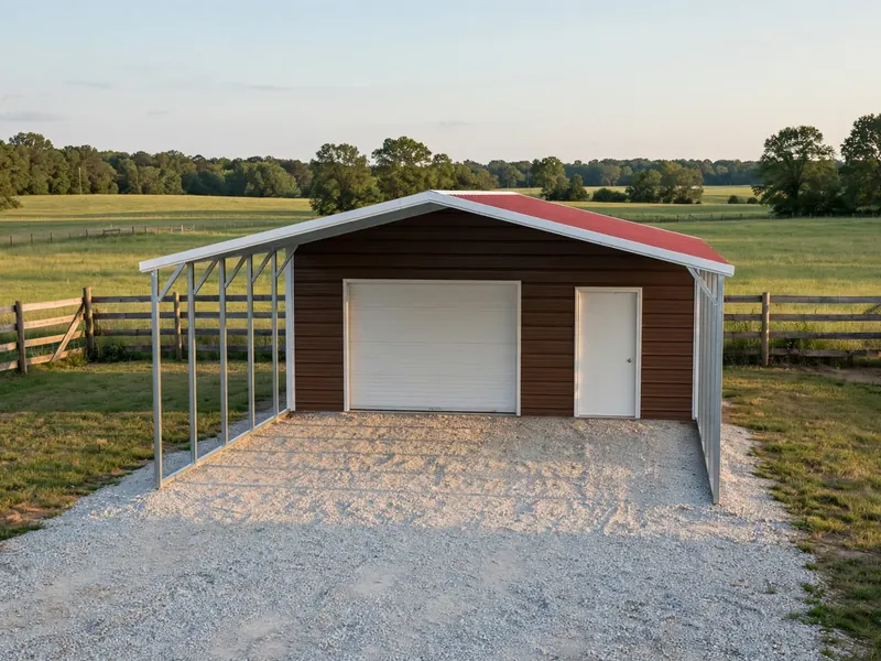 Metal building with covered space around enclosed storage