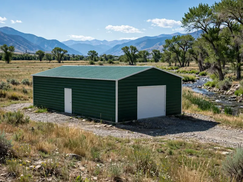 Green garage with a side walk-in door