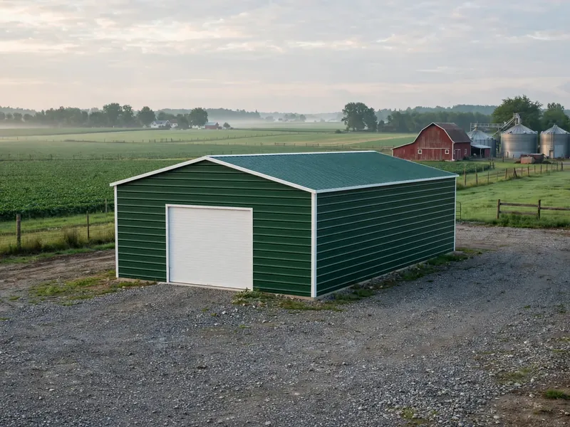 Green metal garage with a vehicle door