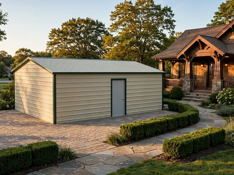 Enclosed metal building with a walk-in door