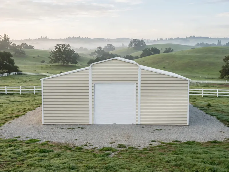 Metal barn with a tall center opening