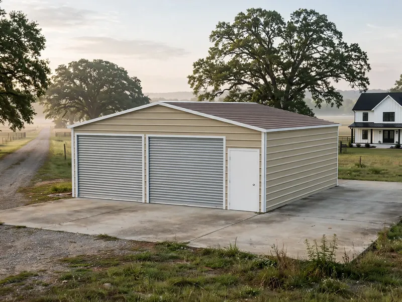 Metal garage with two vehicle doors