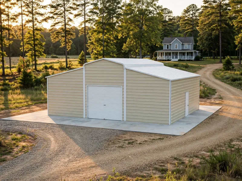 Metal barn with enclosed side sections