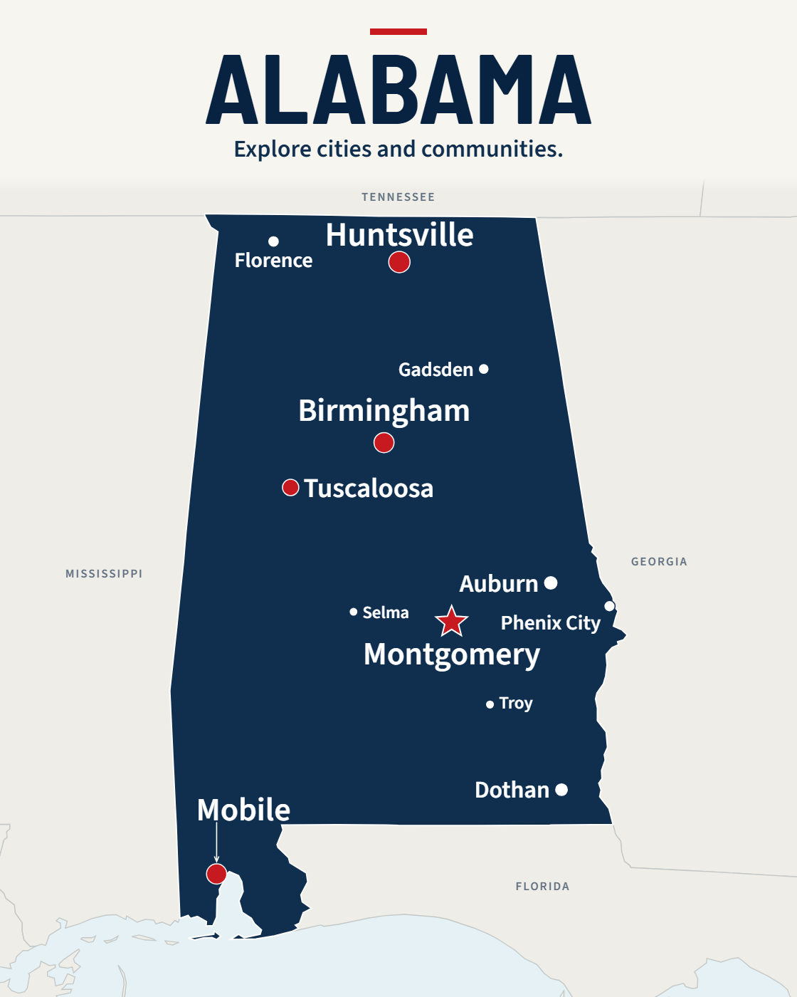 Alabama map with major cities and a capital star
