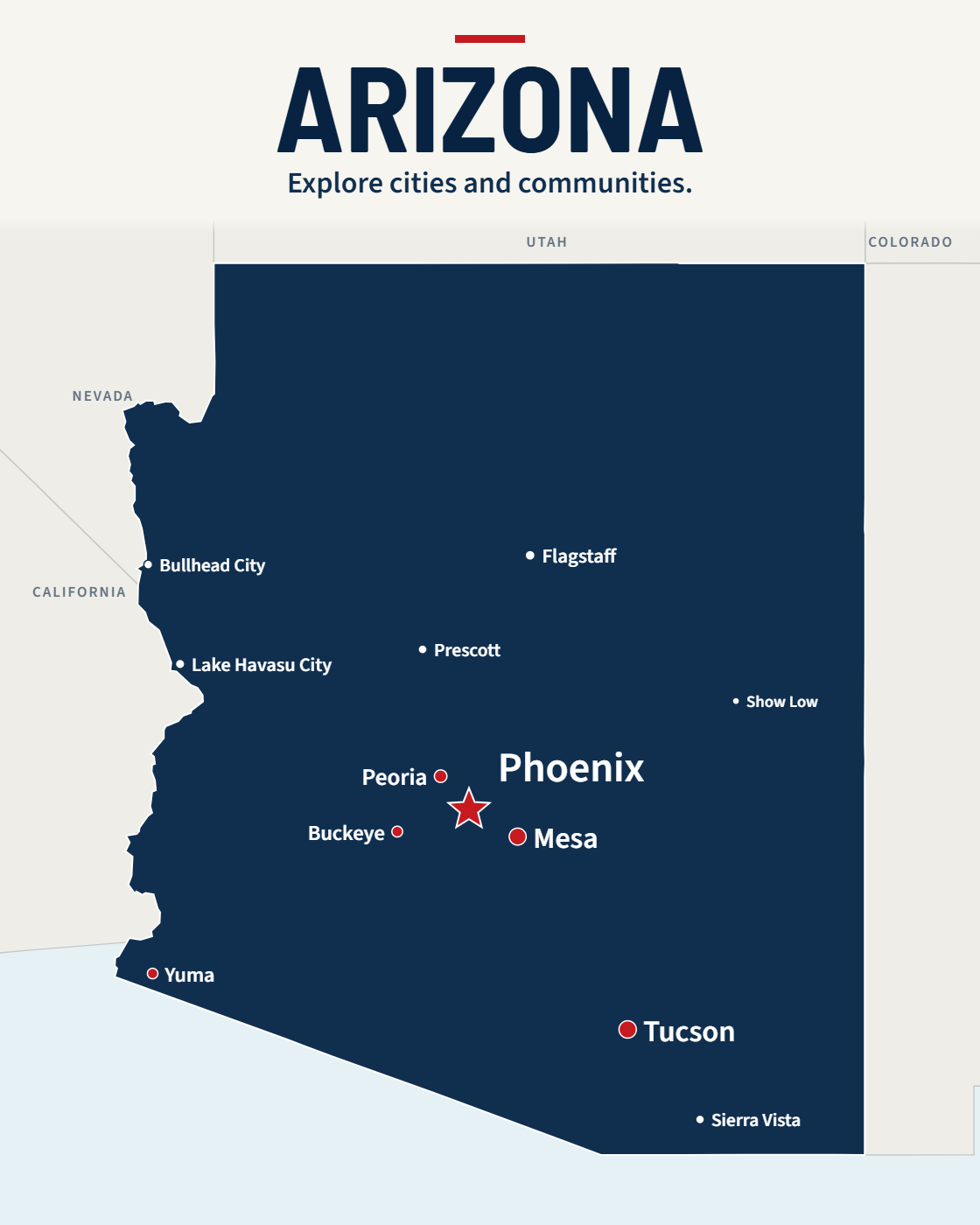 Arizona map with major cities and a capital star