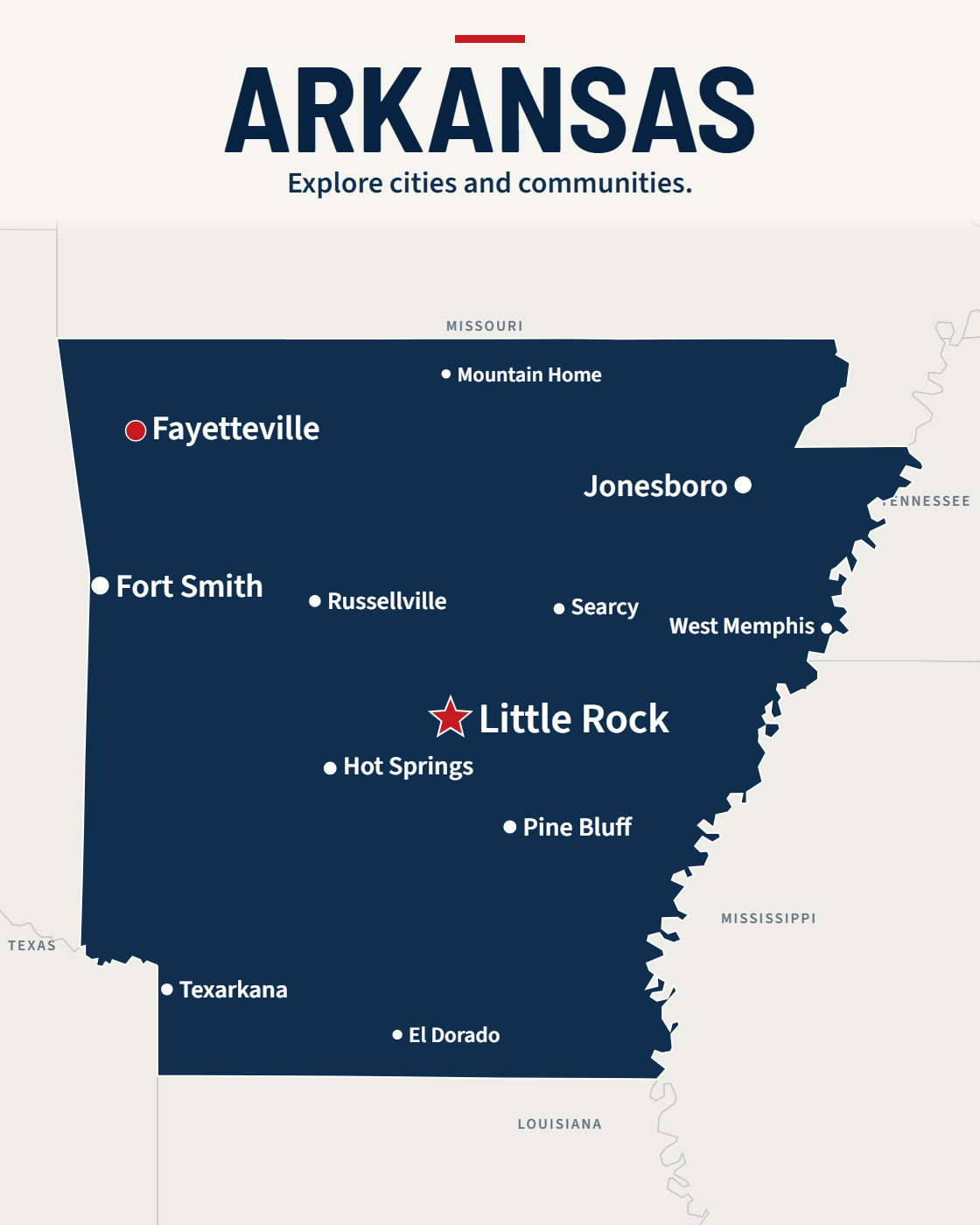 Arkansas map with major cities and a capital star