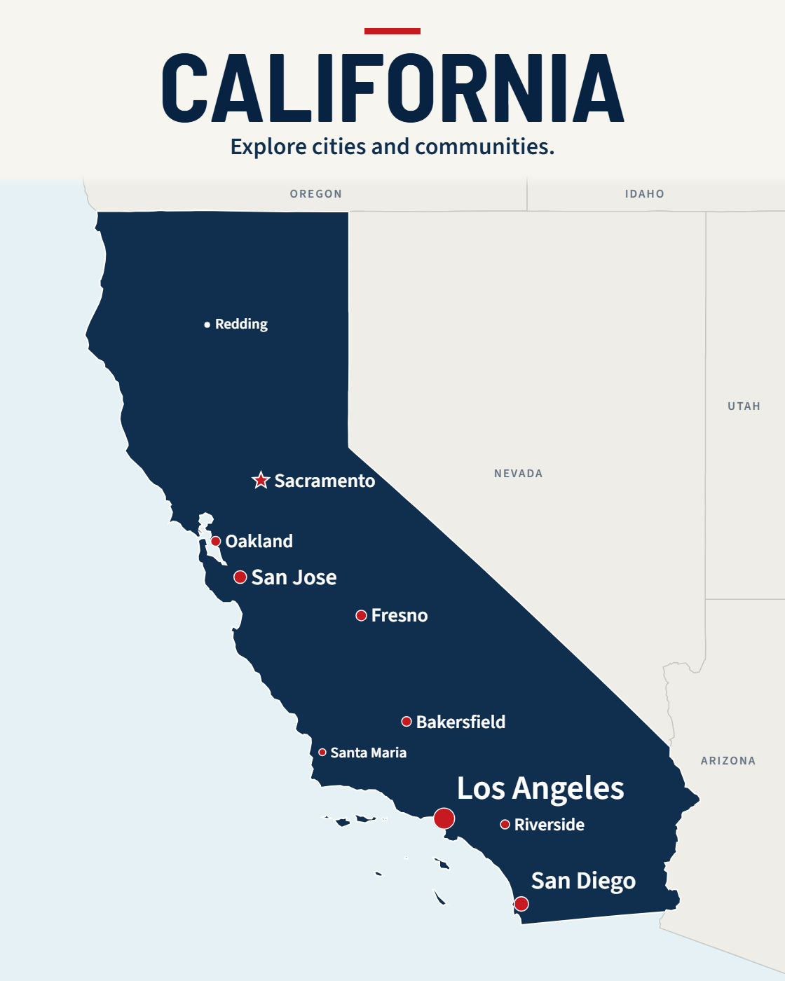 California map with major cities and a capital star