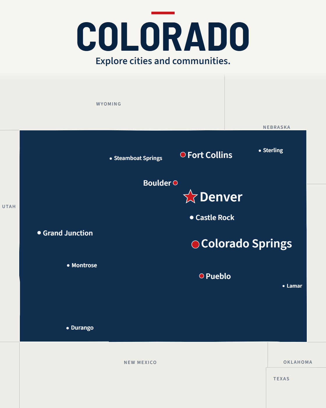 Colorado map with major cities and a capital star
