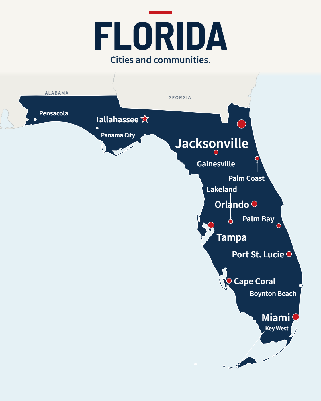 Florida map with 15 city labels and a capital star