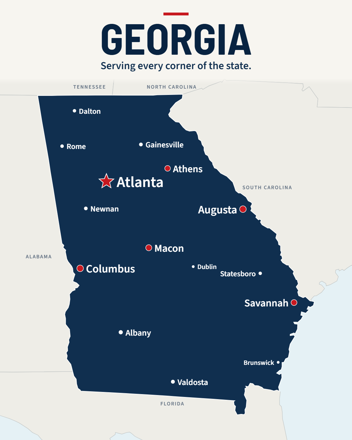 Georgia service map with Atlanta, Augusta, Savannah and regional towns across the state