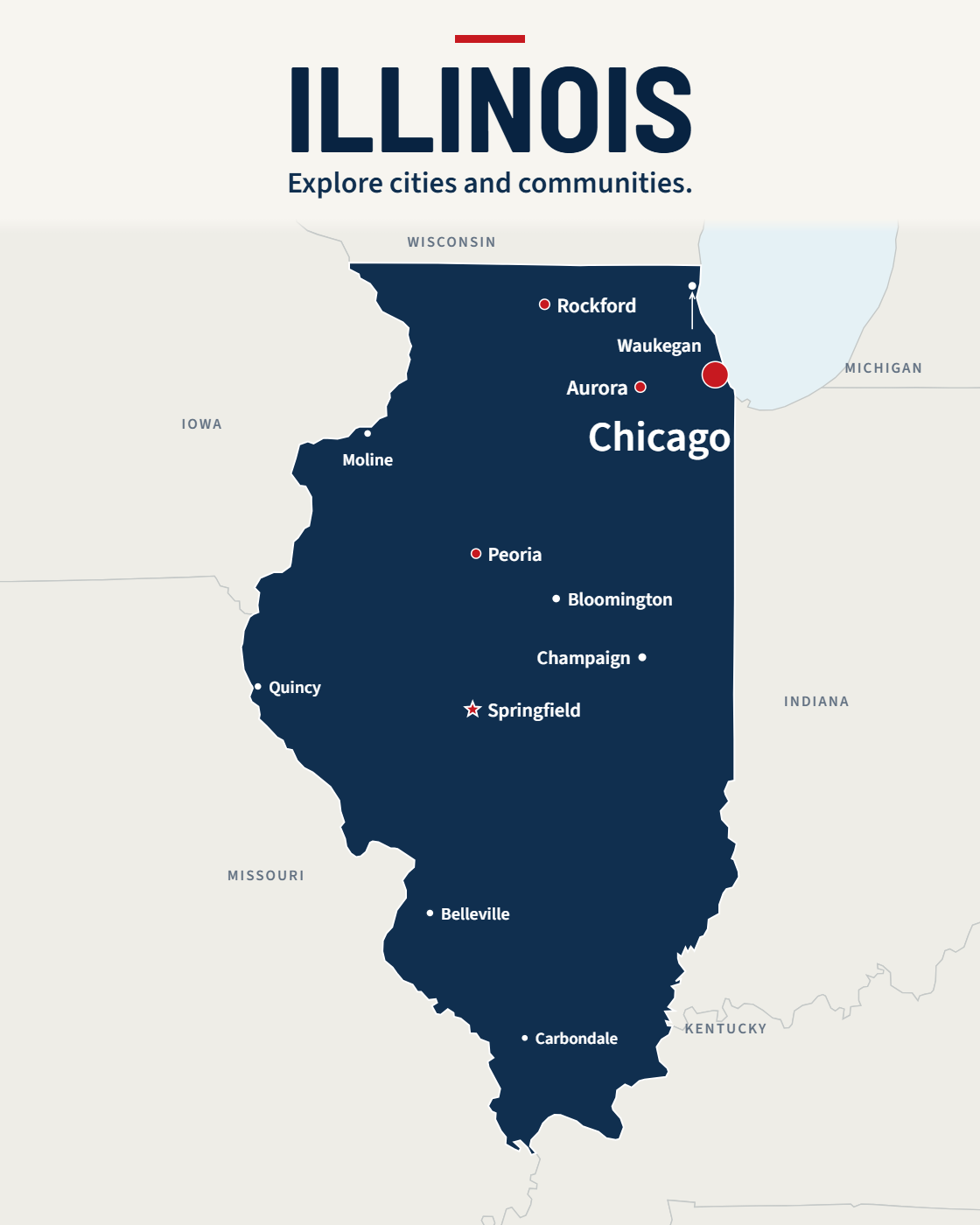 Illinois map with major cities and a capital star