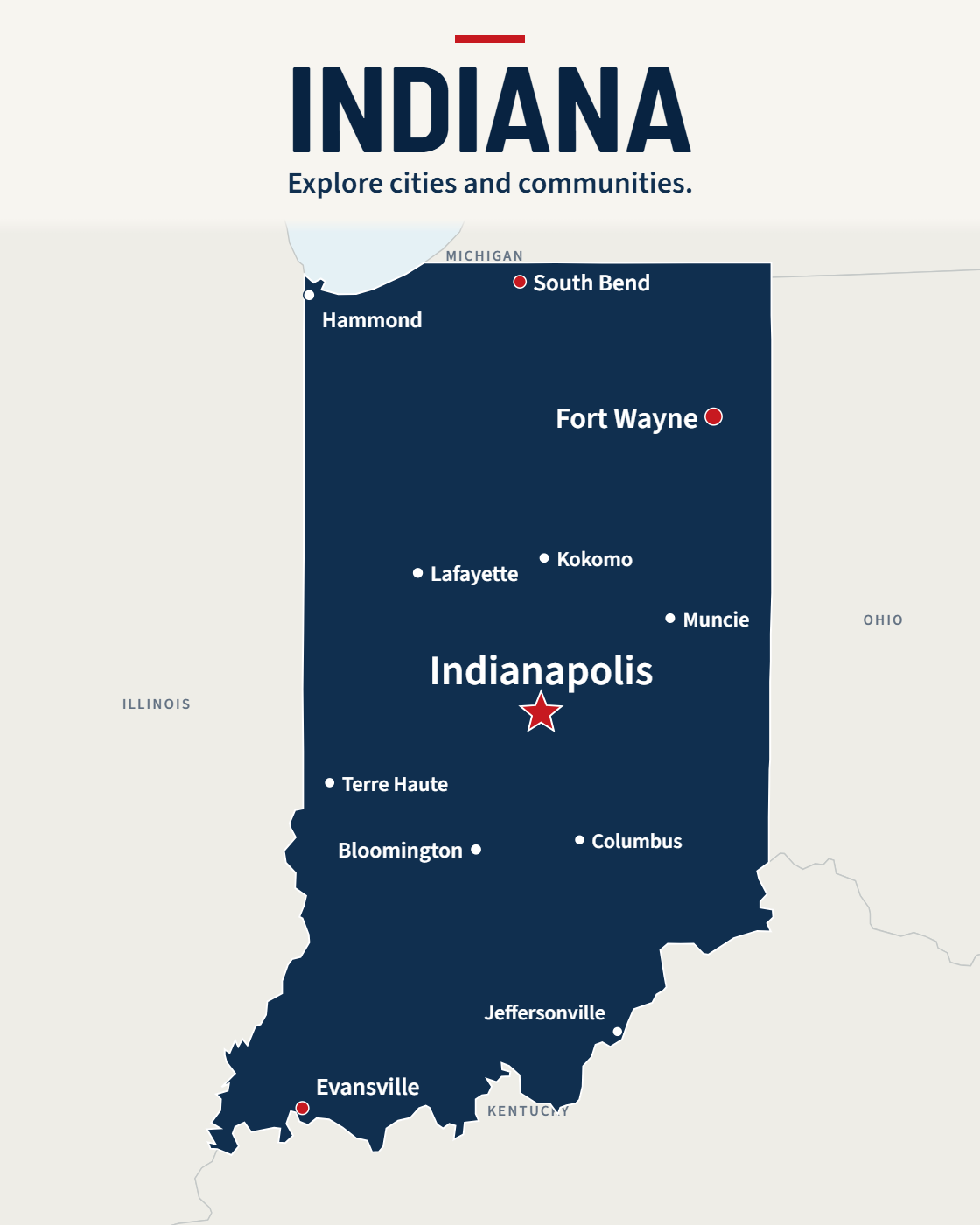 Indiana map with major cities and a capital star