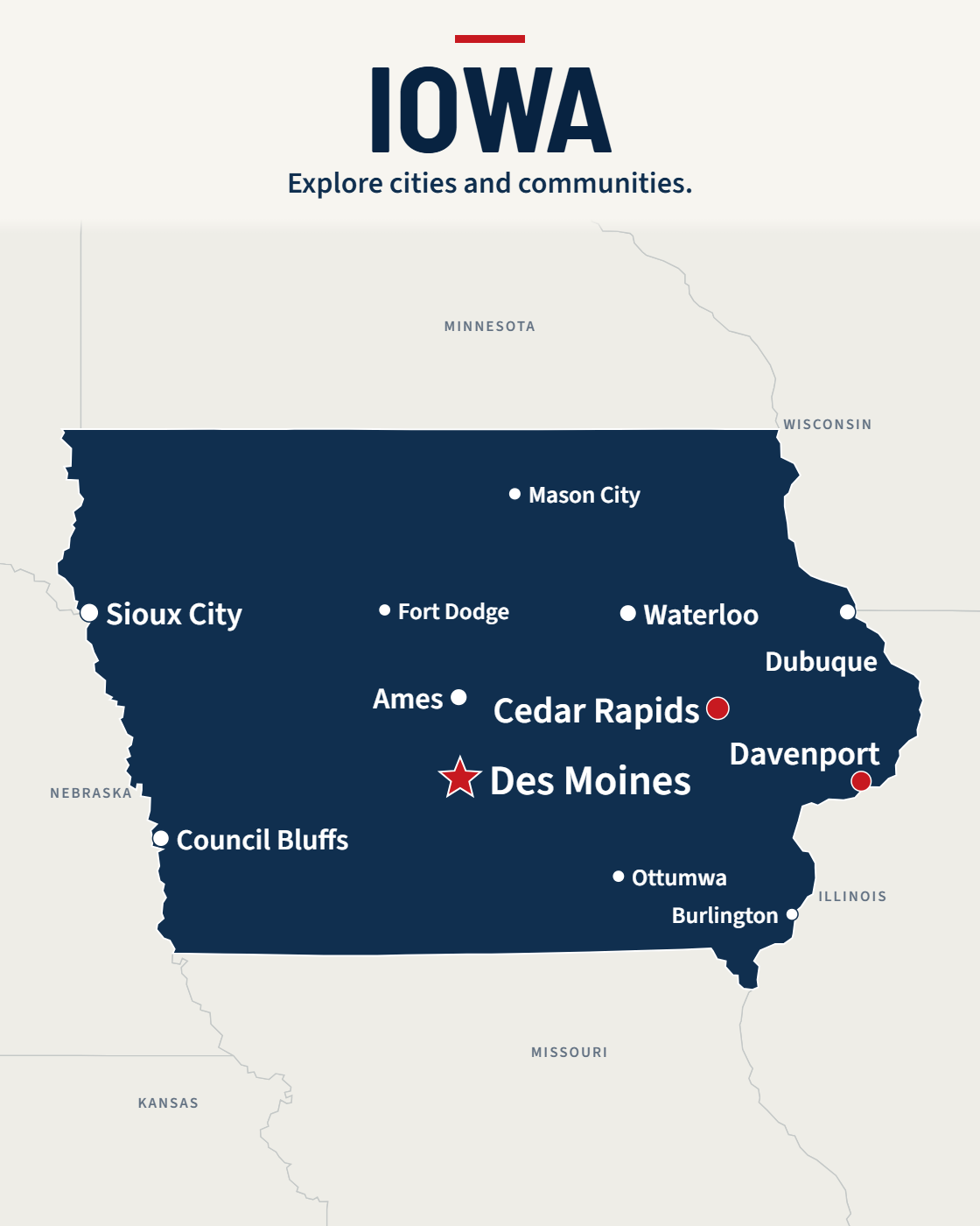 Iowa map with major cities and a capital star