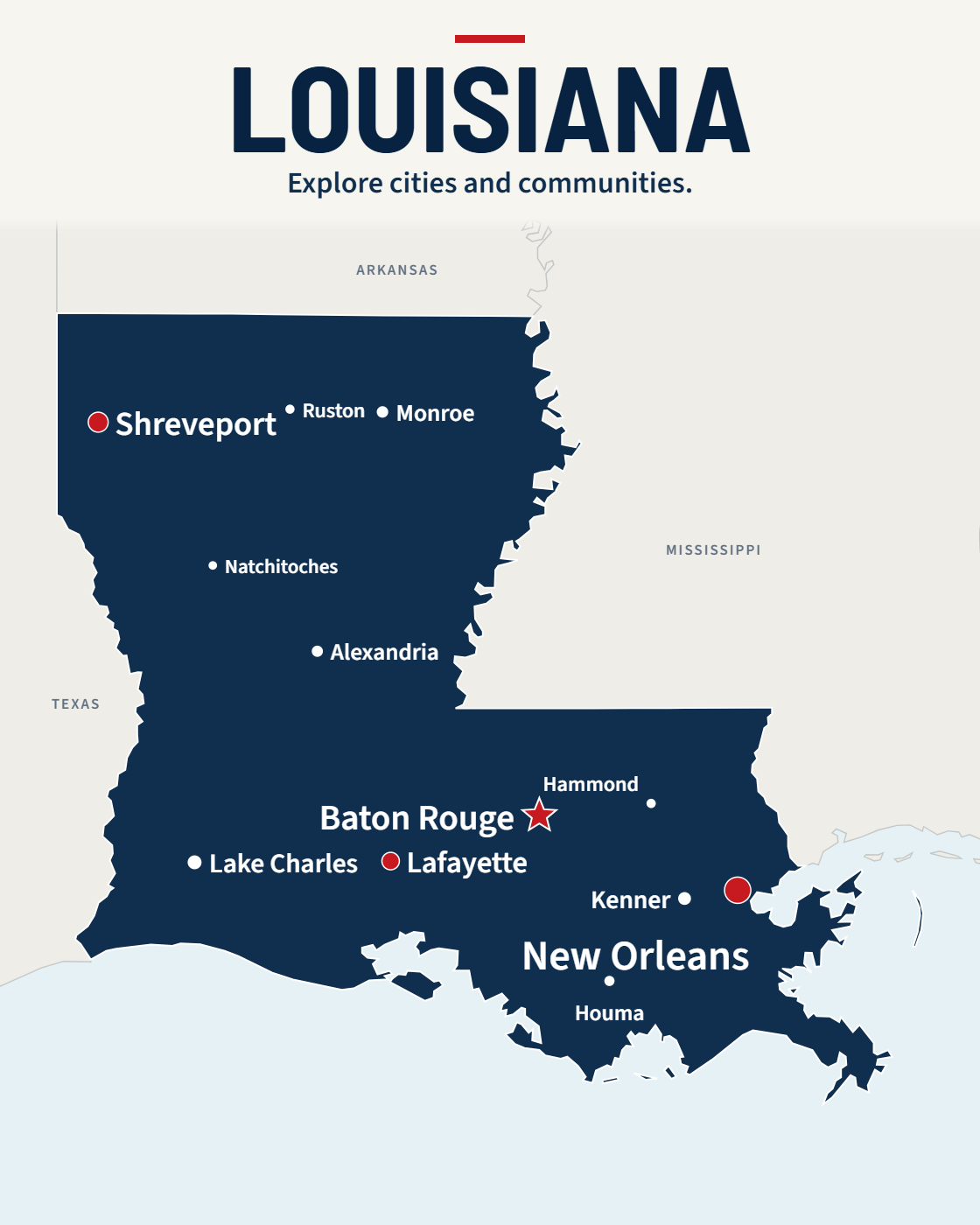 Louisiana map with major cities and a capital star