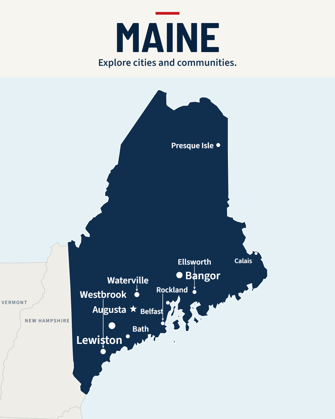 Maine map with major cities and a capital star
