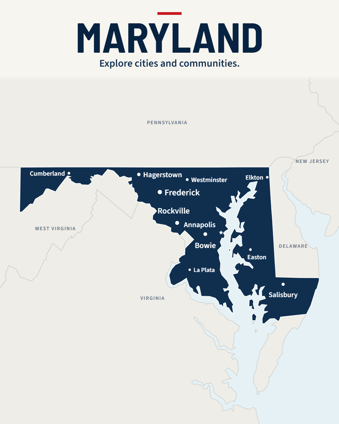 Maryland map with major cities and a capital star