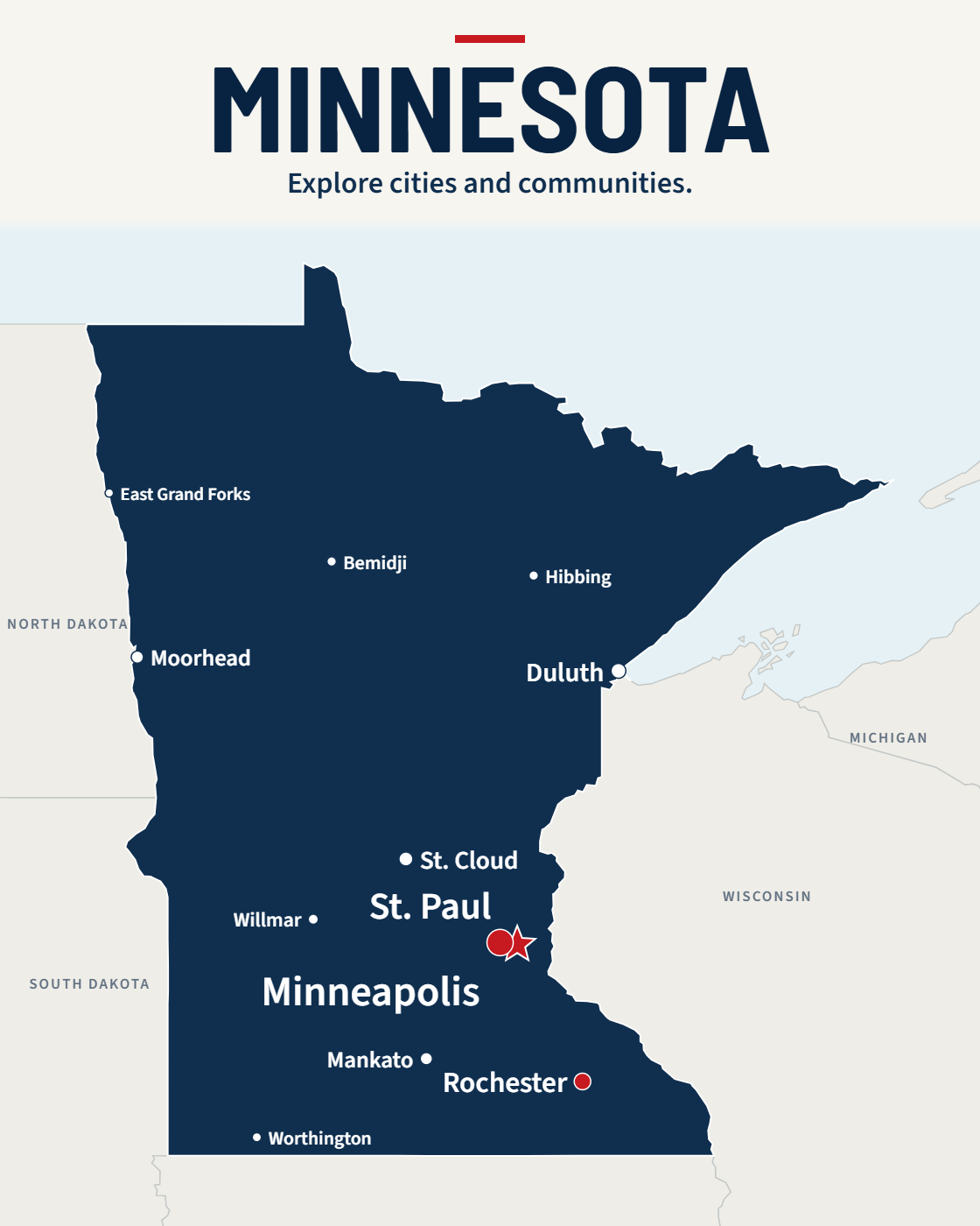 Minnesota map with major cities and a capital star