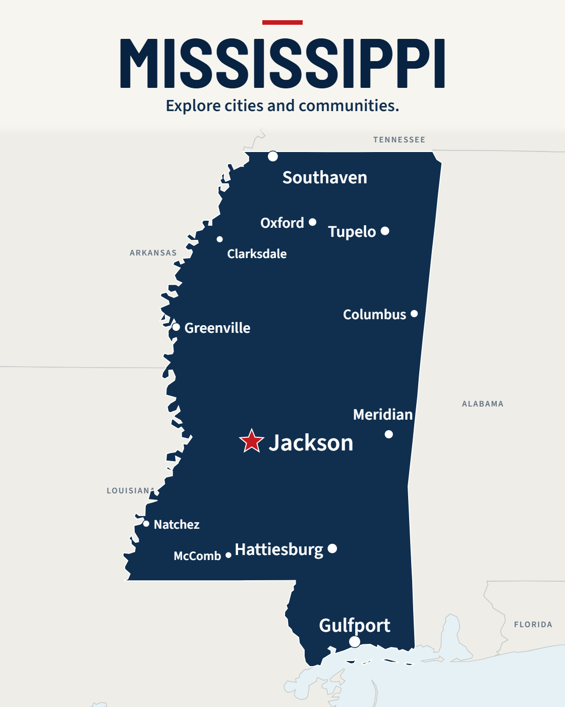 Mississippi map with major cities and a capital star