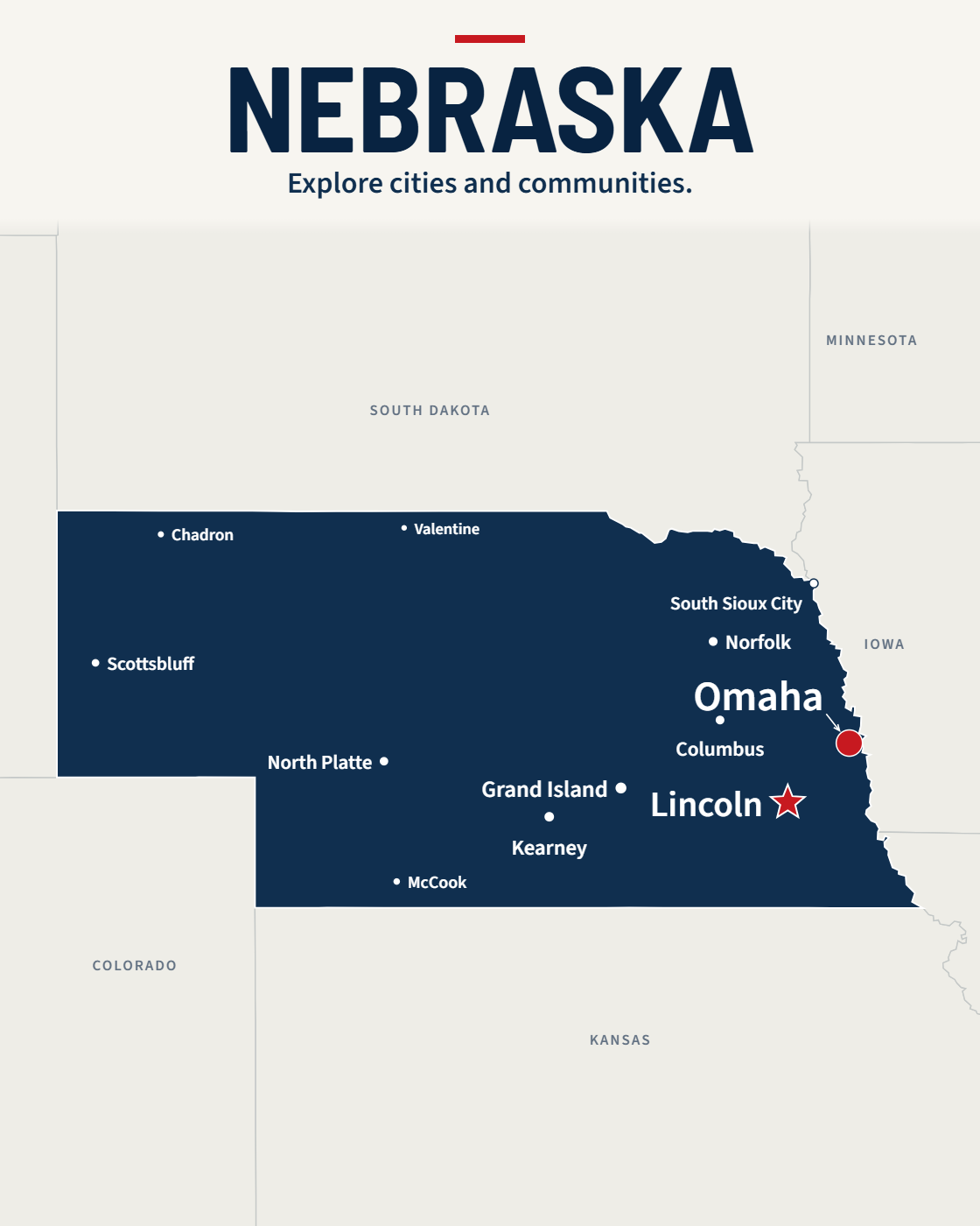 Nebraska map with major cities and a capital star