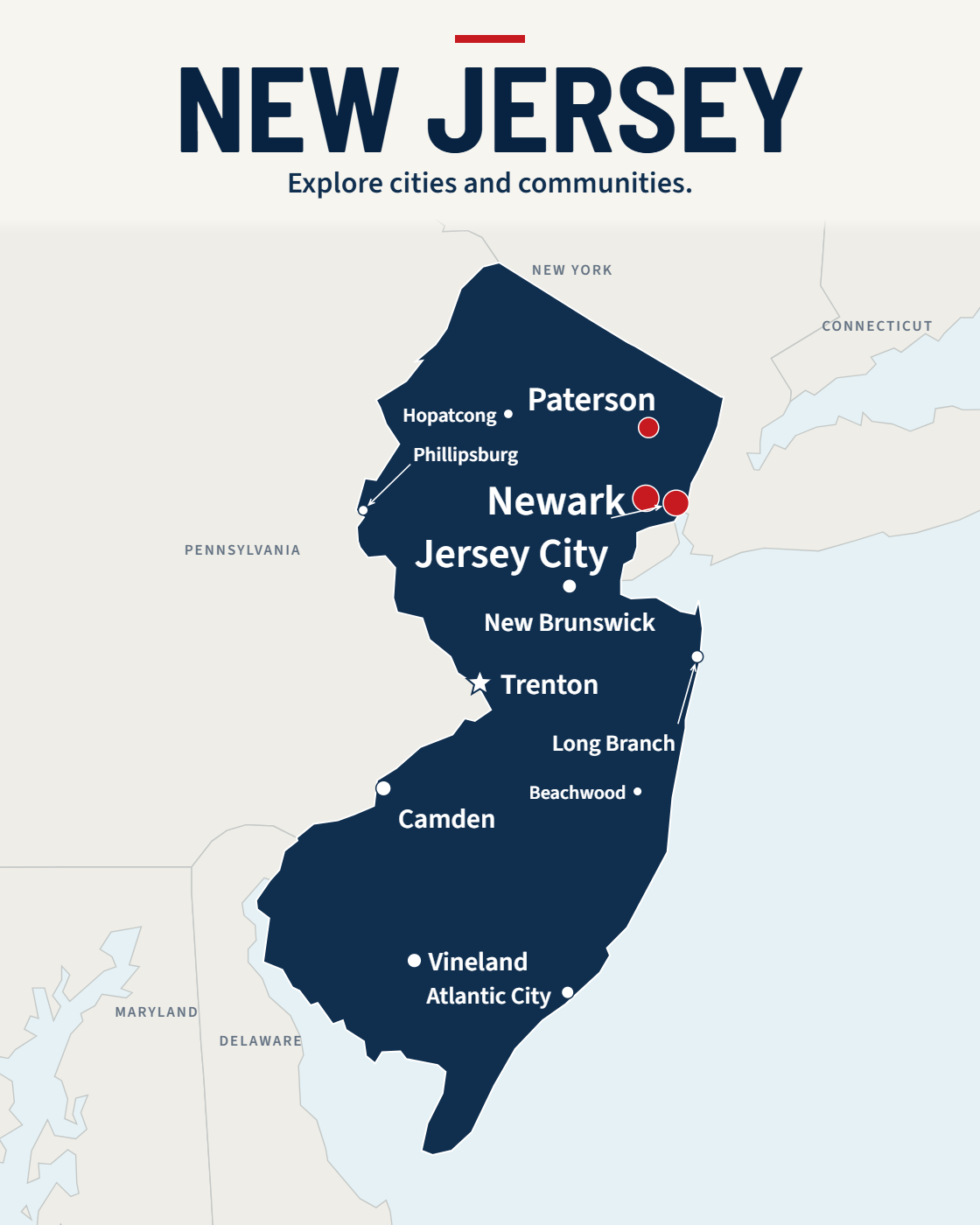 New Jersey map with major cities and a capital star