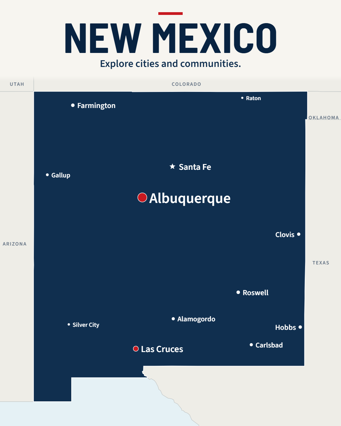 New Mexico map with major cities and a capital star
