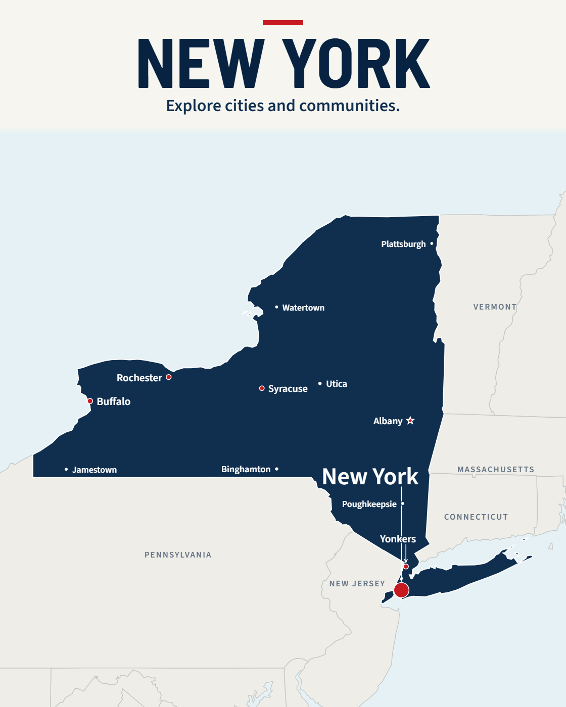 New York map with major cities and a capital star