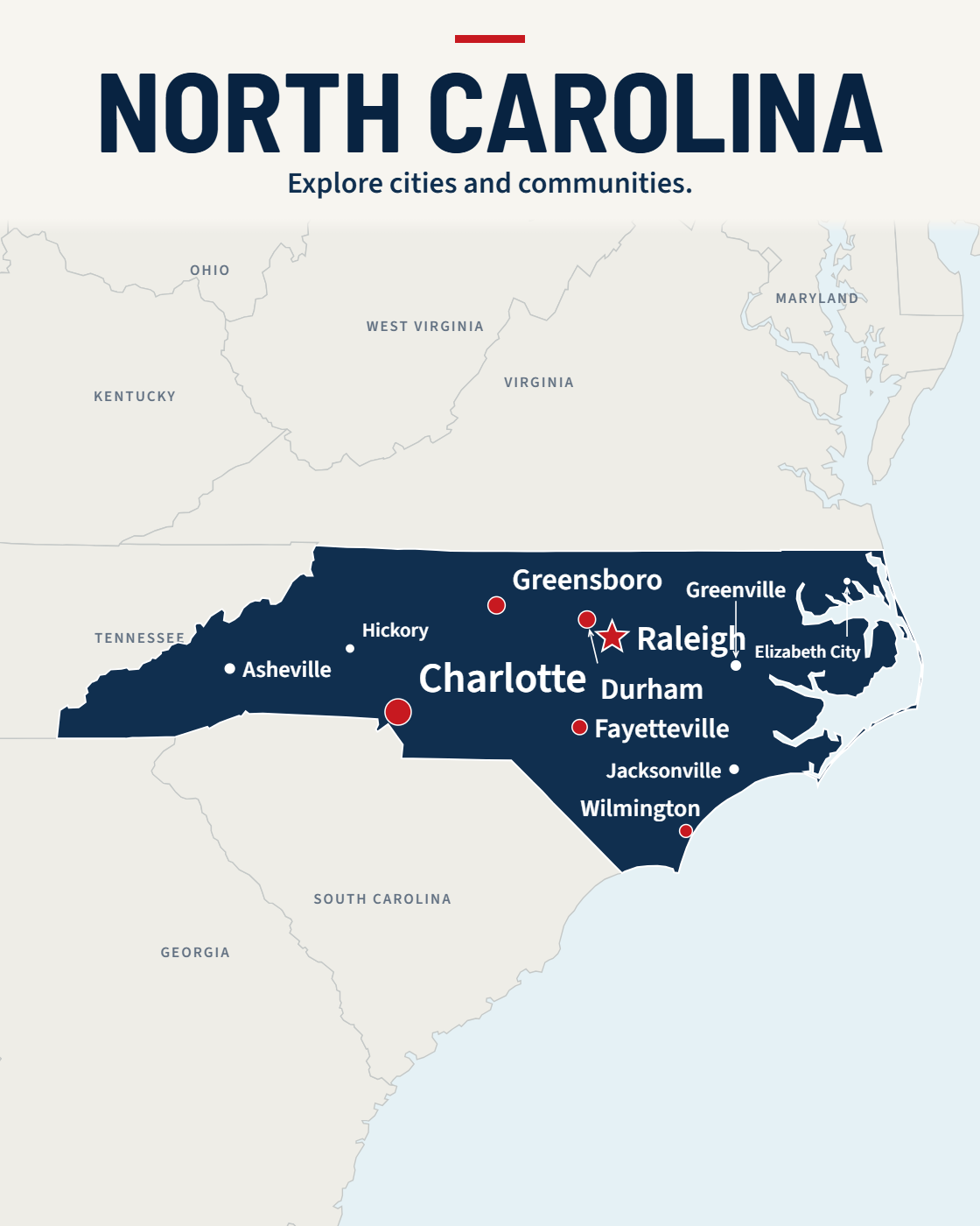 North Carolina map with major cities and a capital star