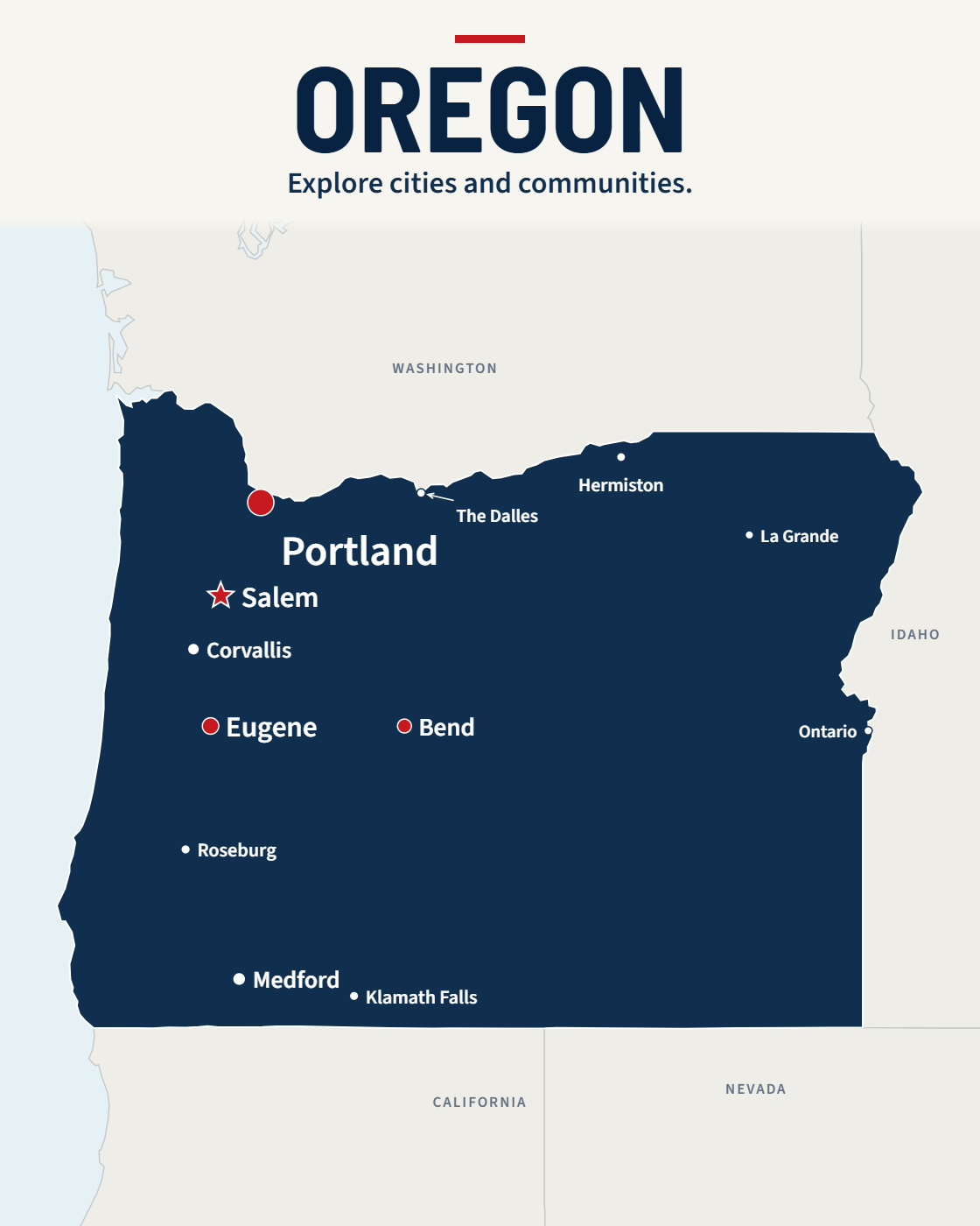 Oregon map with major cities and a capital star