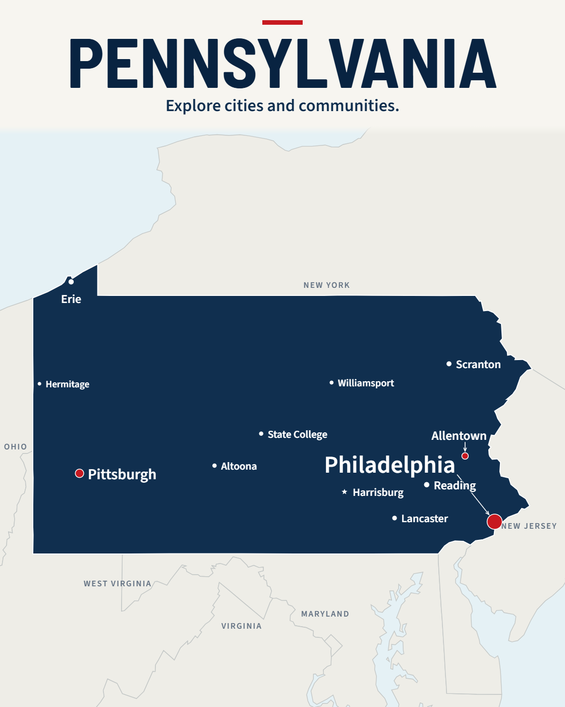 Pennsylvania map with major cities and a capital star