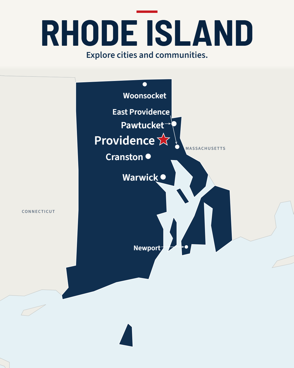 Rhode Island map with major cities and a capital star