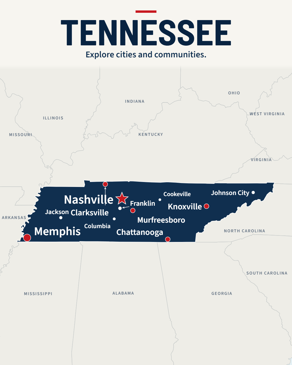 Tennessee map with major cities and a capital star
