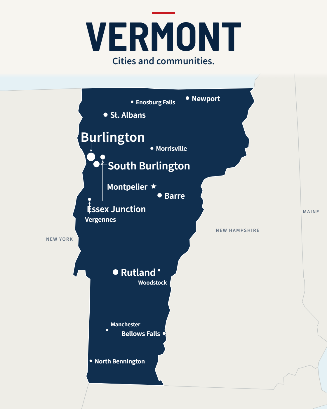 Vermont map with 15 city labels and a capital star