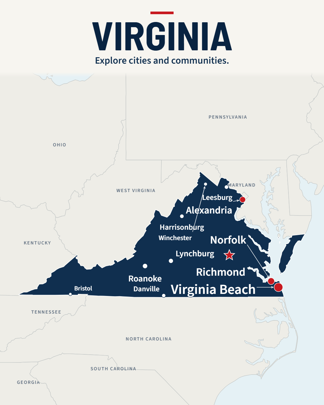 Virginia map with major cities and a capital star