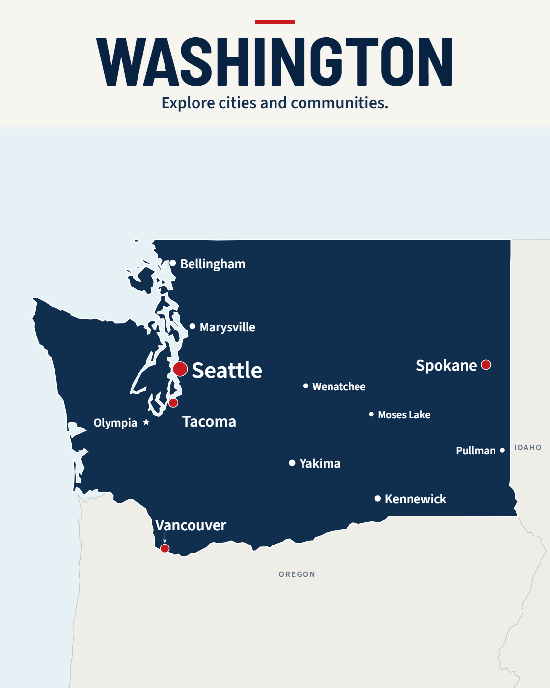 Washington map with major cities and a capital star