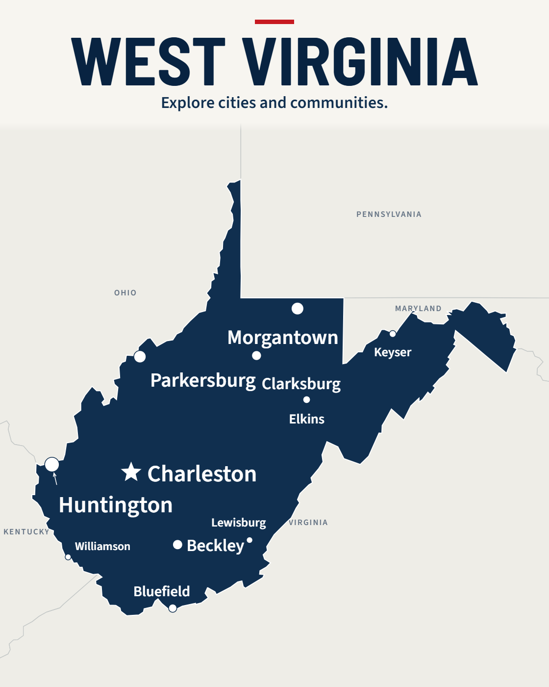 West Virginia map with major cities and a capital star
