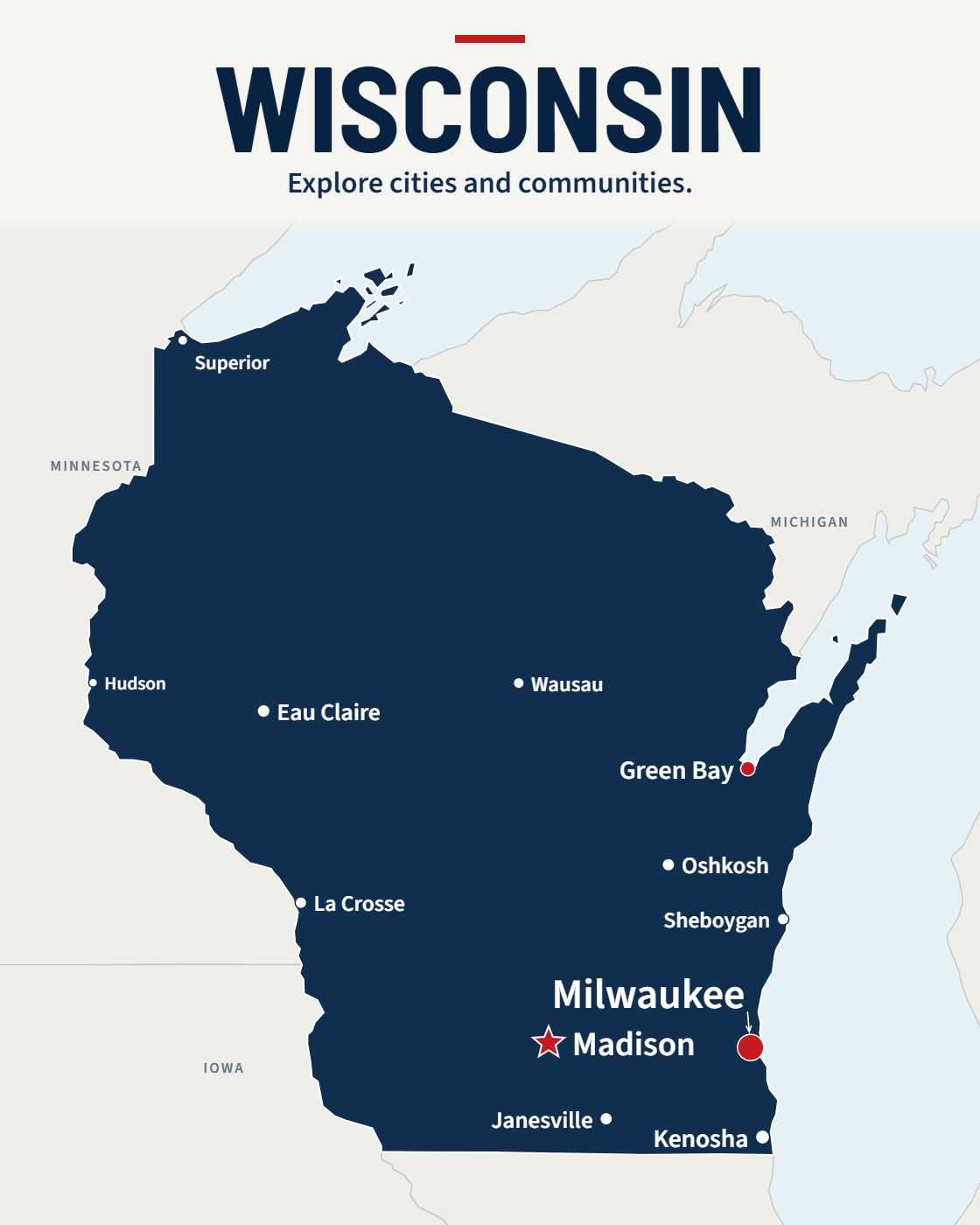 Wisconsin map with major cities and a capital star